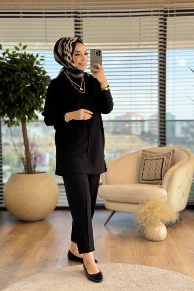 25K1016 Ön Boyuna Dikiş Detaylı Takım Siyah