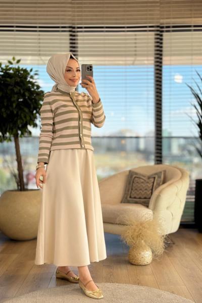 25K1113 Enine Çizgili Metal Düğmeli Hırka Haki