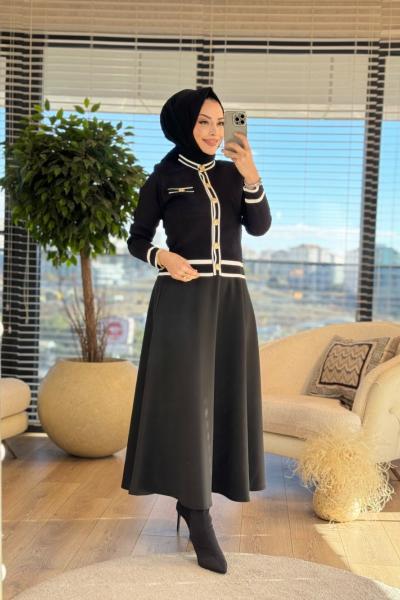 25K1511 Etek Yaka Kol Ucu Çizgili Hırka Siyah