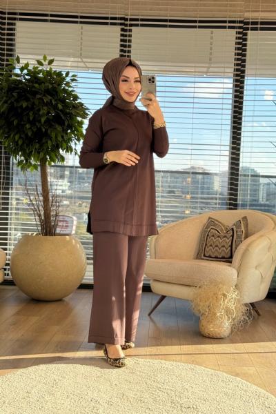 25K1201 Dikiş Detaylı Triko Tunik Kahve