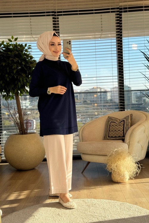 25K1201 Dikiş Detaylı Triko Tunik Lacivert