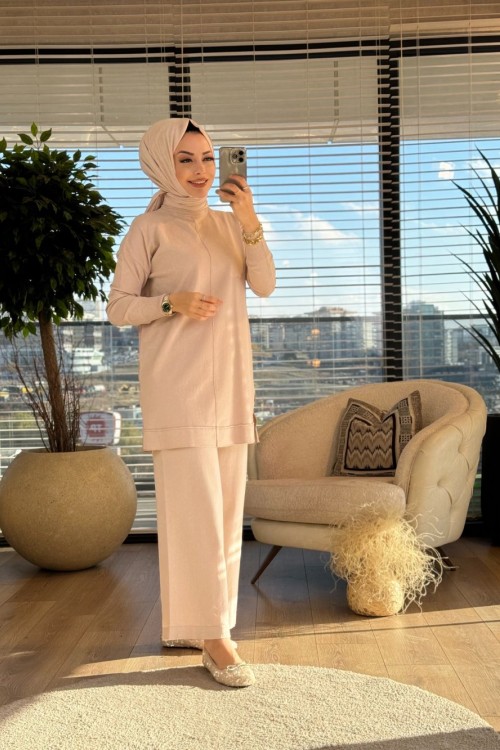 25K1201 Dikiş Detaylı Triko Tunik Bej