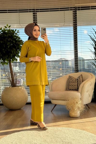 25K1201 Dikiş Detaylı Triko Tunik Yağ Yeşili
