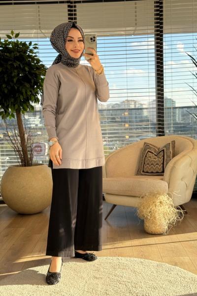 25K1201 Dikiş Detaylı Triko Tunik Gri