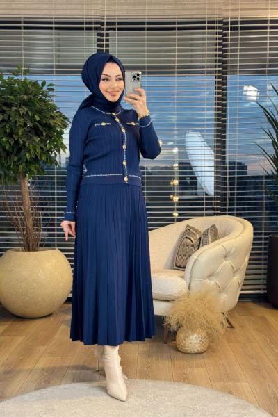 25K1315 Metal Düğmeli Triko Etekli Takım Lacivert