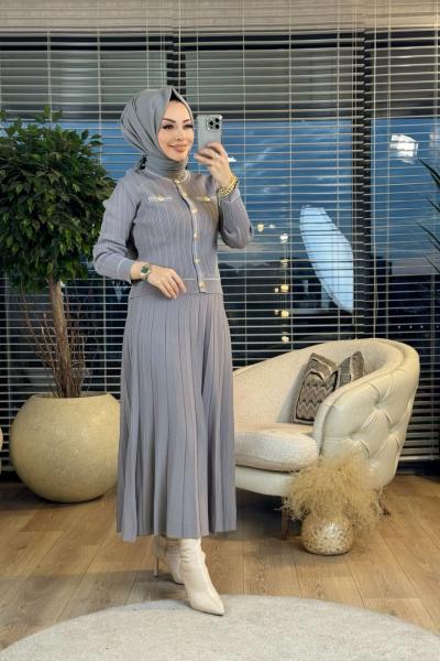 25K1315 Metal Düğmeli Triko Etekli Takım Gri