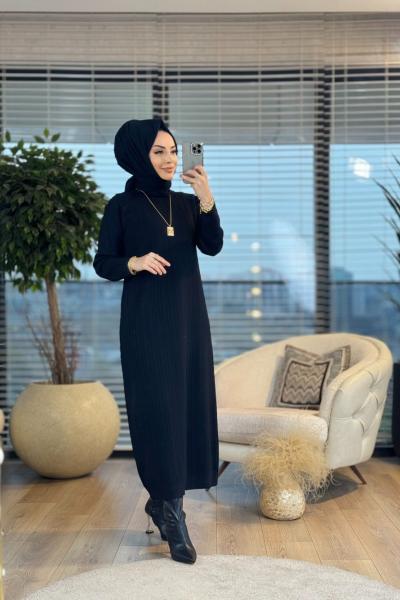 25K1414 Boyuna Şeritli Triko Elbise Siyah