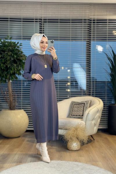 25K1414 Boyuna Şeritli Triko Elbise Gri