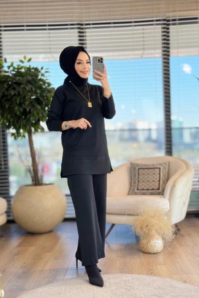 25K1512 Simli Triko Pantolon Takım Siyah