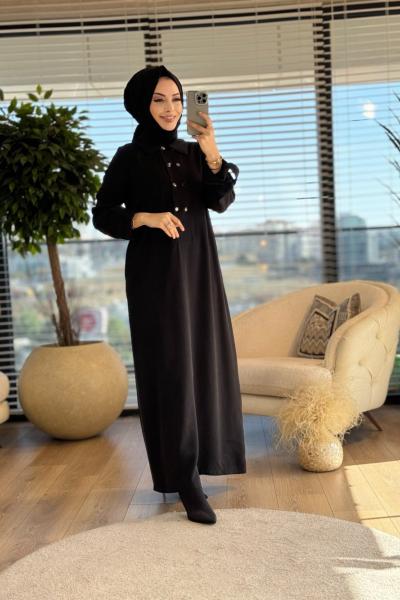 25K2006 Patı İki Sıra Metal Düğmeli Elbise Siyah