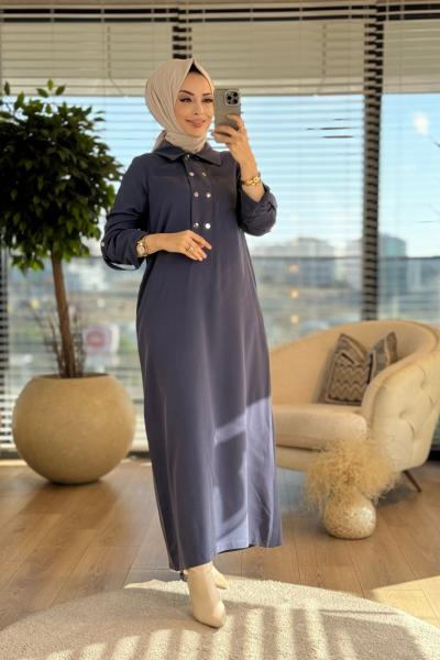 25K2006 Patı İki Sıra Metal Düğmeli Elbise İnidgo