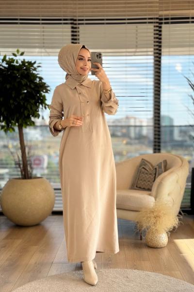 25K2006 Patı İki Sıra Metal Düğmeli Elbise Bej