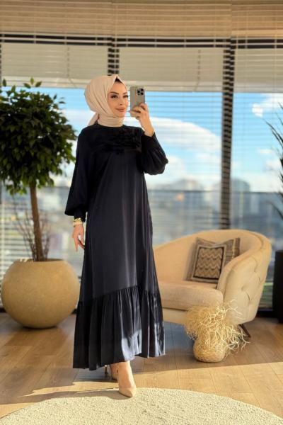 25K2008 Önü Saçak Kabartma Desen Elbise Lacivert