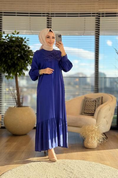 25K2008 Önü Saçak Kabartma Desen Elbise Saks