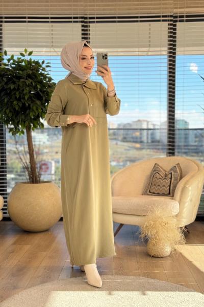 25K2014 Patı Çıtçıtlı Beli Parçalı Elbise Haki