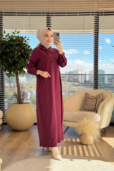 25K2014 Patı Çıtçıtlı Beli Parçalı Elbise Mürdüm