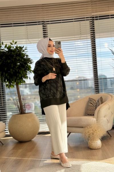 25K3004 Kendinden Jakar Desen Tunik Haki