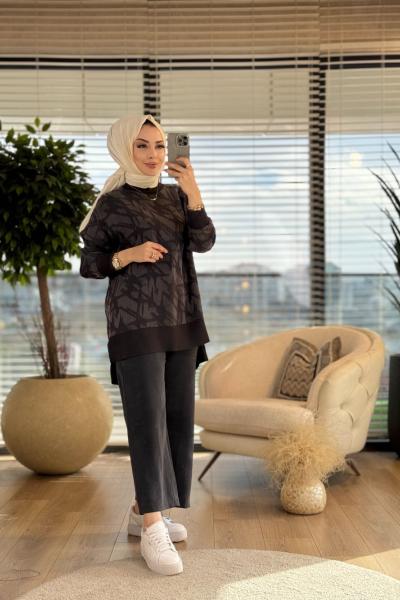 25K3004 Kendinden Jakar Desen Tunik Antrasit