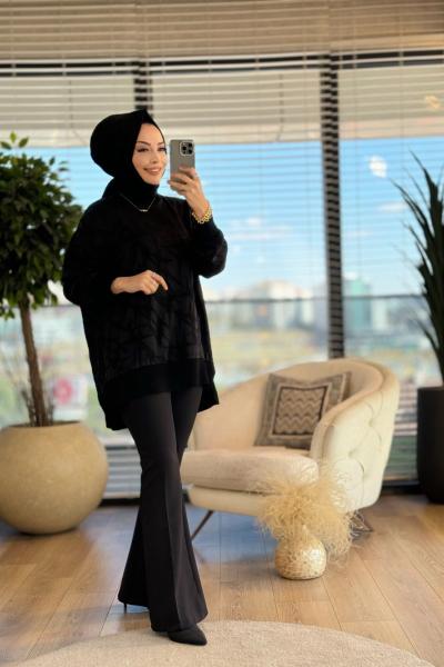 25K3004 Kendinden Jakar Desen Tunik Siyah