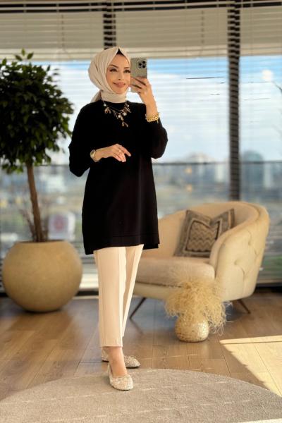 25K500 Sıfır Yaka Triko Tunik Siyah