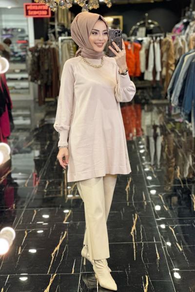 25K500 Sıfır Yaka Triko Tunik Bej