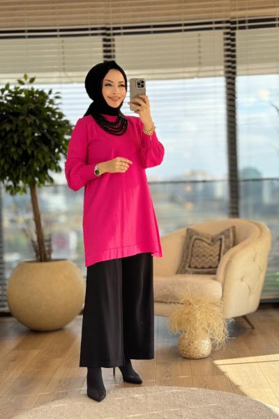 25K500 Sıfır Yaka Triko Tunik Fuşya