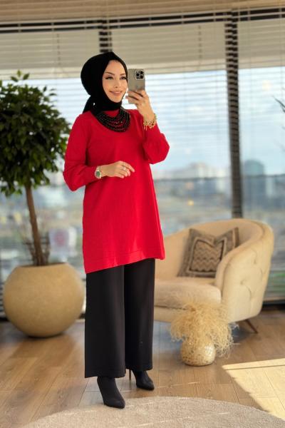 25K500 Sıfır Yaka Triko Tunik Kırmızı