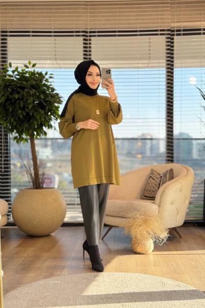 25K500 Sıfır Yaka Triko Tunik Yağ Yeşili