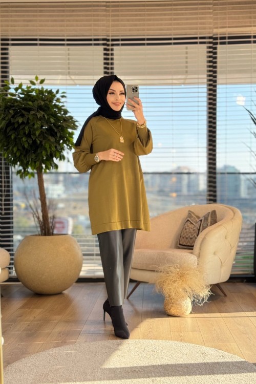 25K500 Sıfır Yaka Triko Tunik Yağ Yeşili