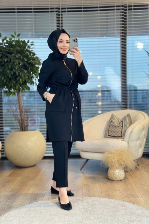 25K6012 Ön Fermurlı Bel Bağcıklı Kap Siyah