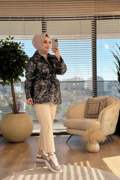 25K6020 Kabrtma Desen Bel Bağcıklı Kap Lacivert