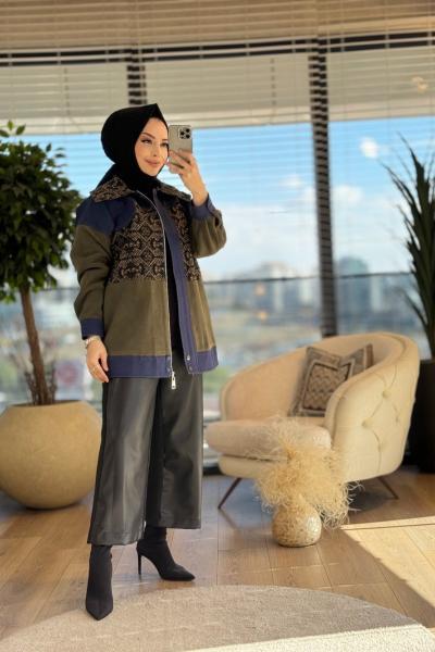 25K6022 Peluş Ön Ve Yaka Desenli Kap Haki