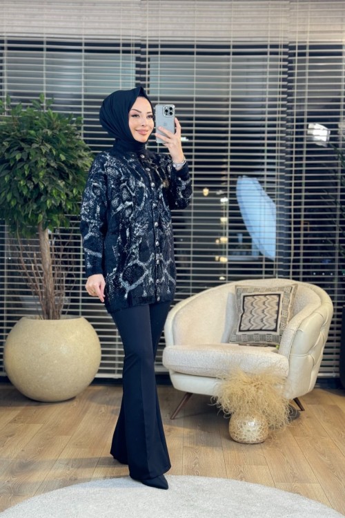 25K7003 Desenli Angora Hırka Siyah
