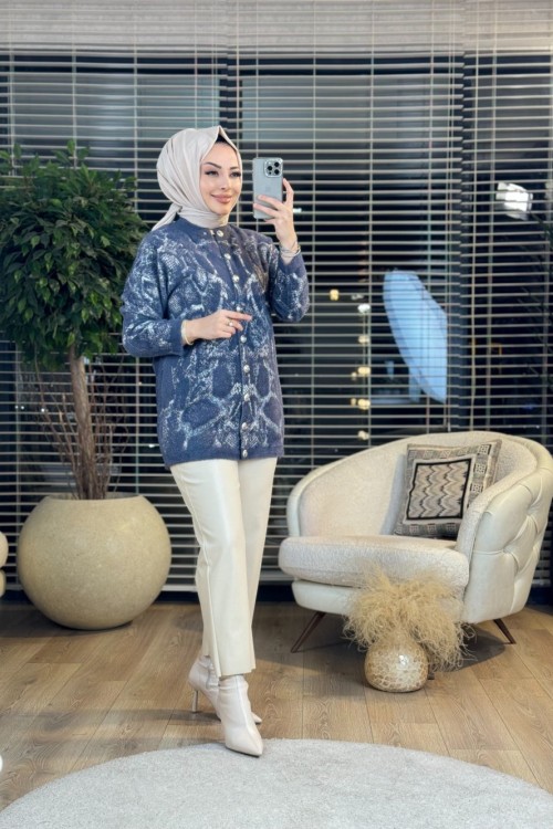 25K7003 Desenli Angora Hırka Füme
