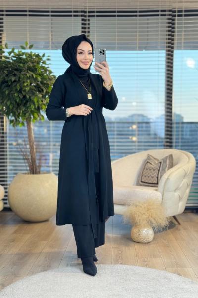 25K7008 Çelik Örgü Uzun Hırka Siyah