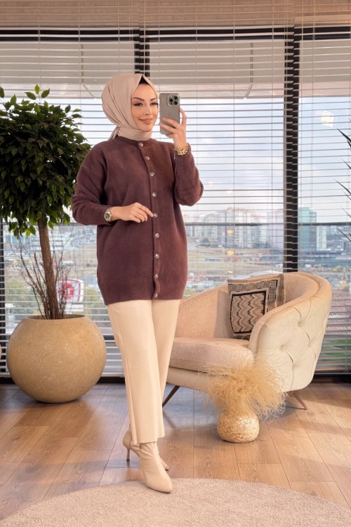 25K7011 Angora Sıfır Yaka Hırka Kahve