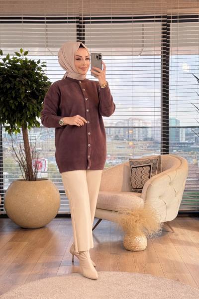 25K7011 Angora Sıfır Yaka Hırka Kahve