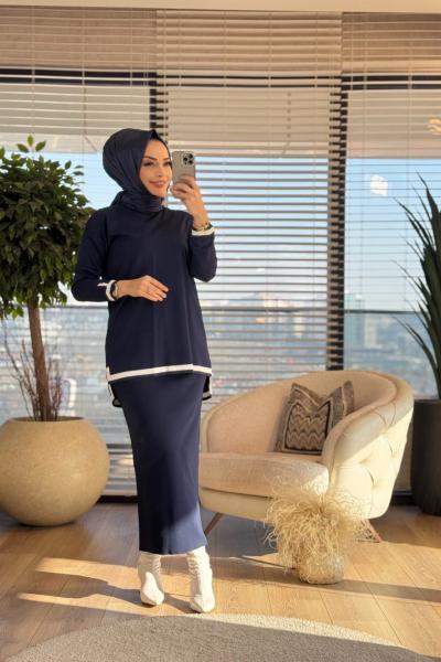 25K801 Biyeli Triko Etekli Takım Lacivert