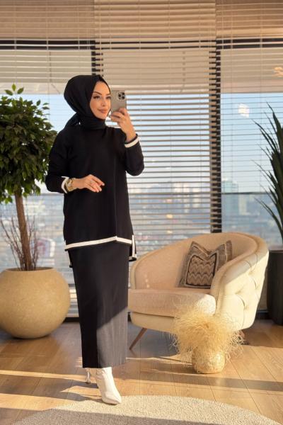 25K801 Biyeli Triko Etekli Takım Siyah