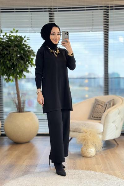 25K928 Omuzları Fitilli Triko Tunik Siyah