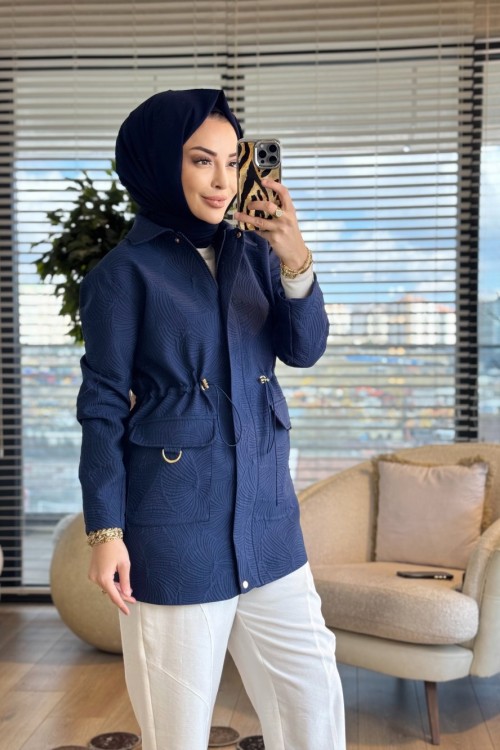 25KT525 Kendinden Desenli Fermuarlı Ceket Lacivert