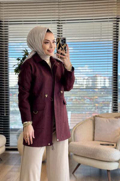 25KT525 Kendinden Desenli Fermuarlı Ceket Vişne