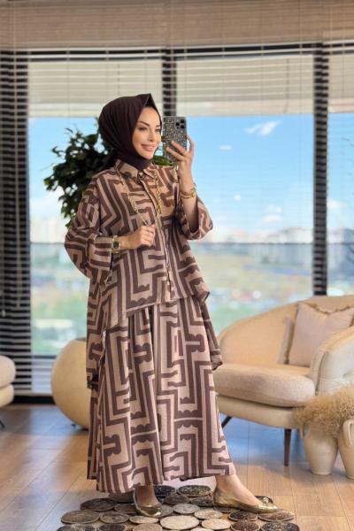 25TK480 Geometrik Desen Etekli Takım Kahve