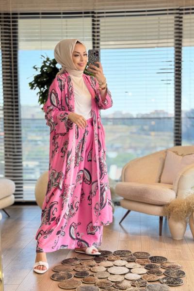 25TK485 Üst Desenli Uzun Kimonolu Takım Fuşya