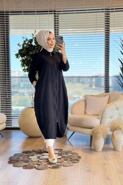 25Y6033 Gofre Fermuarlı Uzun Kap Siyah