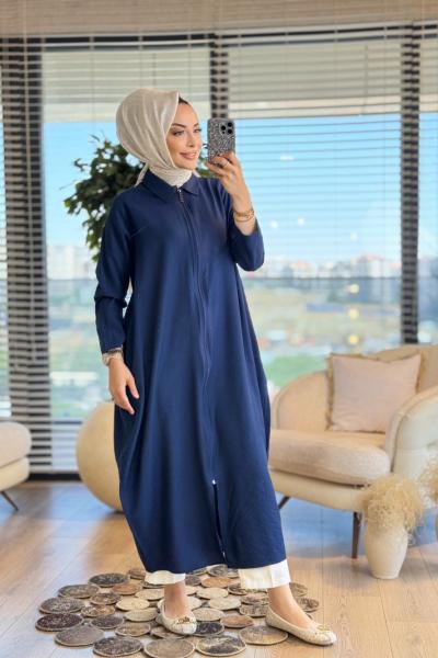 25Y6033 Gofre Fermuarlı Uzun Kap Lacivert