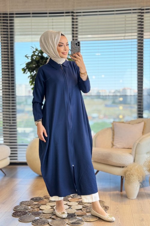 25Y6033 Gofre Fermuarlı Uzun Kap Lacivert