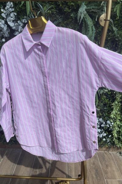 25YT4102 Kalın Çizgili Yanları Çıtçıtlı Gömlek Pembe