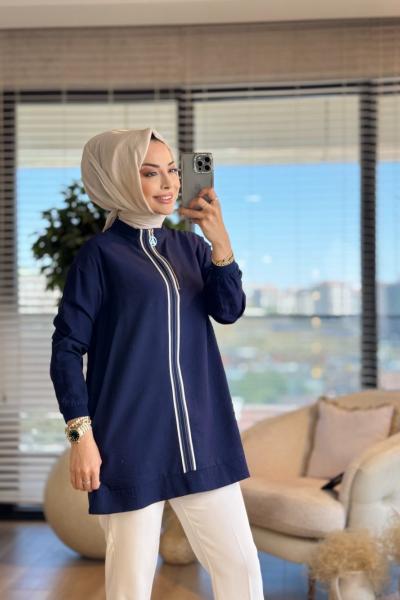 25YT4139 Patı Ribana Şeritli Pat Fermuarlı Tunik Lacivert