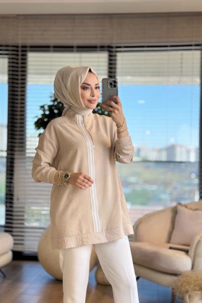 25YT4139 Patı Ribana Şeritli Pat Fermuarlı Tunik Bej